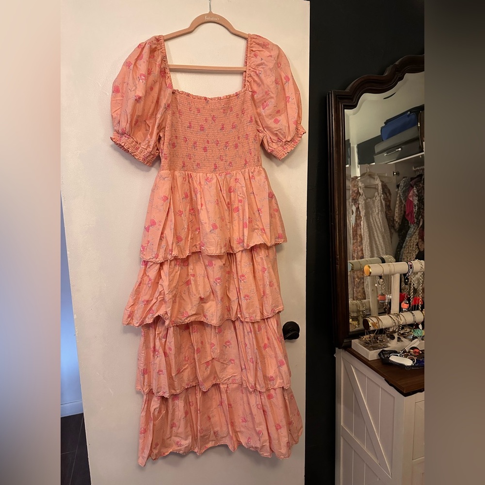 LoveShackFancy Peach Pink Floral Tiered Maxi Dress
